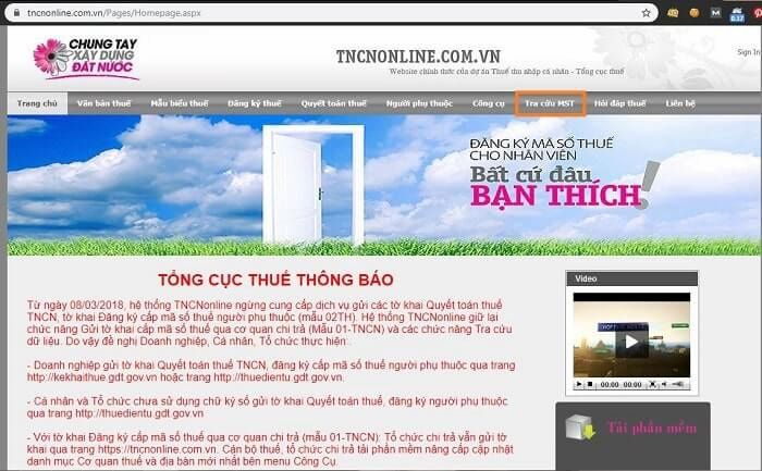 Tại giao diện trang chủ của Tncnonline.com.vn thì hãy lựa chọn mục Tra cứu Mã số thuế