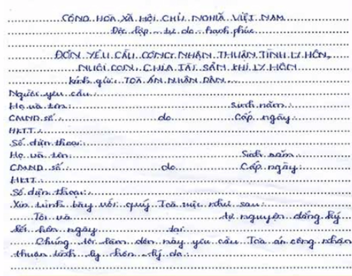 Mẫu đơn ly hôn viết tay