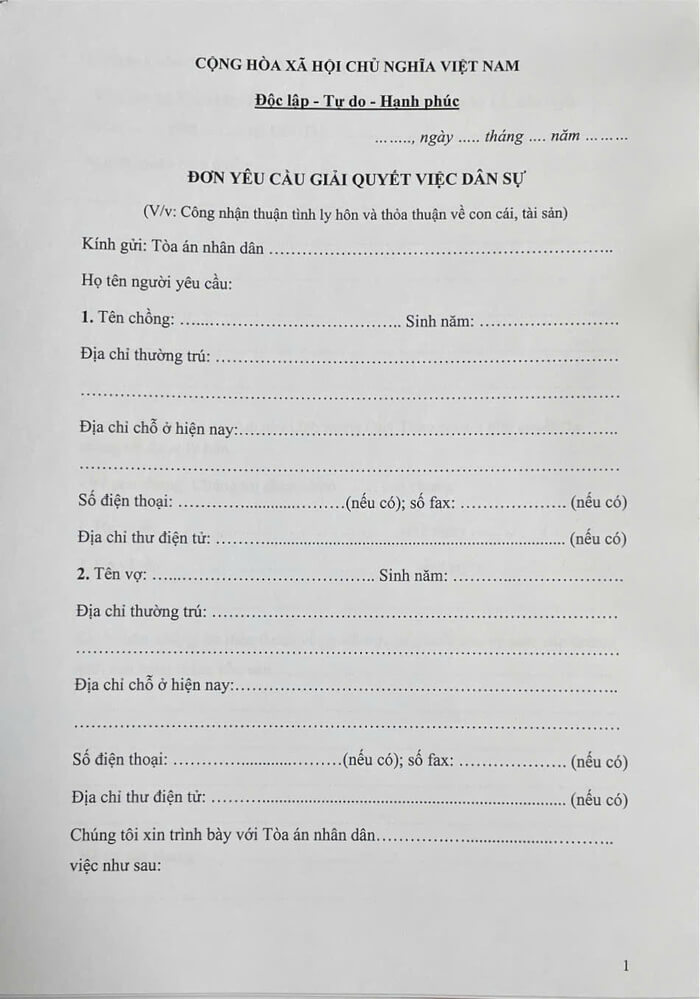 Mẫu đơn ly hôn thuận tình