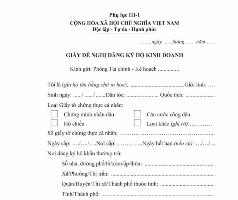 Mẫu giấy đề nghị đăng ký hộ kinh doanh