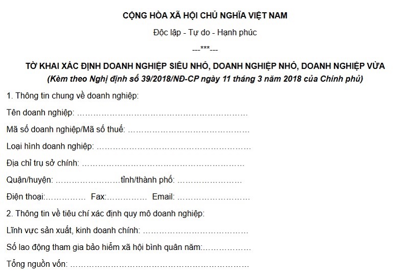 Mẫu tờ khai xác định doanh nghiệp siêu nhỏ, doanh nghiệp nhỏ và vừa