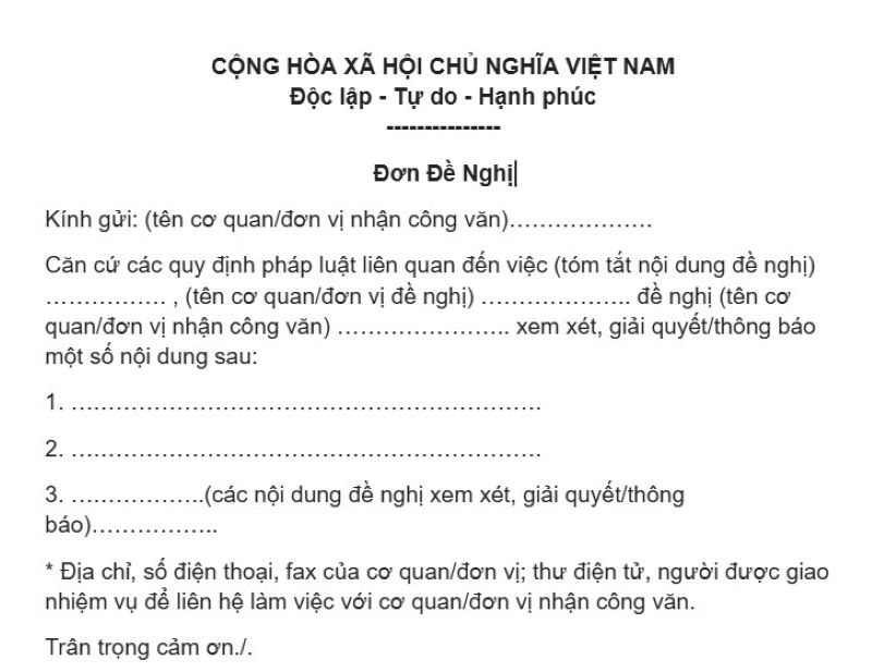 Mẫu đơn đề nghị dùng chung cho các trường hợp